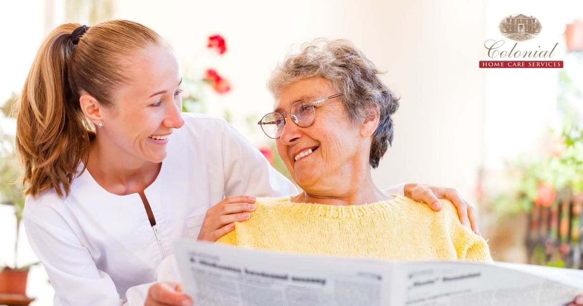 A senior woman receives home care assistance.